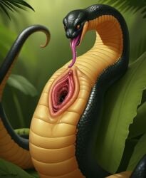 1girls ai_generated black_scales clitoris cloaca cloaca_juice darkeffect female_only feral jungle licking_own_pussy open_mouth reptile saliva scalie snake solo solo_focus tongue tongue_out yellow_eyes