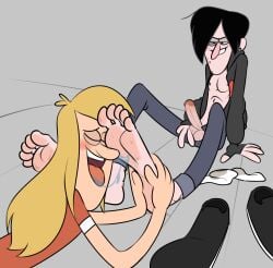 2boys drooling erection feet foot_fetish gravity_falls grin licking licking_foot long_hair male_focus male_only penis robbie_valentino skinny socks sodabox undressing yaoi young