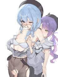 2girls absurdres ayeon black_hat black_pantyhose blue_eyes blue_hair blush bra bra_pull clothes_pull detached_sleeves futa_with_female futanari glasses green_eyes hair_between_eyes hat highres hololive hoshimachi_suisei intersex long_hair long_sleeves multiple_girls nipple_stimulation nipple_tweak one_eye_closed pantyhose penis precum purple_hair round_eyewear simple_background small_penis testicles tokoyami_towa torn_clothes torn_pantyhose uncensored underwear virtual_youtuber white_background