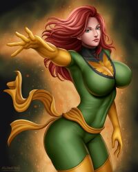 1female breasts comic_book_character curvy curvy_female female female_focus female_only fit_female flowerxl full_body_suit gloves green_bodysuit green_eyes hi_res high_heels highres jean_grey large_breasts light-skinned_female light_skin looking_at_viewer marvel marvel_comics mature mature_female red_hair solo solo_female solo_focus superheroine thick_thighs wide_hips x-men yellow_boots yellow_gloves