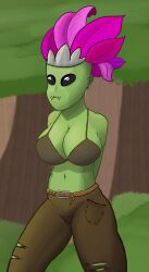 1girls arms_behind_back belt big_breasts bra epic_omi flora_fauna floran floran_(starbound) green_skin headwear leaves midriff pants plant ripped_pants self_upload solo starbound