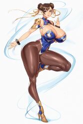 1girls bent_leg big_breasts brown_eyes brown_hair capcom chun-li female female_only full_body gurimjang heels hi_res leotard looking_at_viewer pantyhose solo spiked_bracelet standing_on_one_leg street_fighter thick_thighs twin_buns white_background