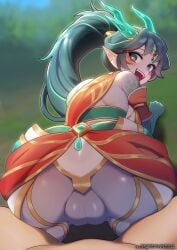 1girls ass female female_only girl green_eyes green_hair heavenscale_kai'sa heavenscale_series horn kai'sa league_of_legends lunar_new_year lunar_revel_series scales smile strongbana thick_ass thick_thighs thighs