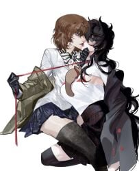 2girls akira_kurusu black_hair brown_hair collar genderswap_(mtf) goro_akechi joker_(persona) lesbian lesbian_kiss persona persona_5 ren_amamiya rule_63 tagme yuri