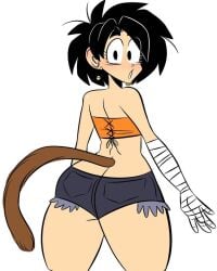 1boy androgynous ass booty_shorts dragon_ball dragon_ball_super dragon_ball_z femboy jammedvhs looking_at_viewer looking_back male male_only monkey_tail oc original_character rear_view short_shorts shorts solo tagme thick_thighs thighs white_background