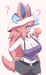 1girls 2024 ? big_breasts blue_sclera blush breasts bubble_gum eeveelution female female_only furry furry_only generation_6_pokemon hand_on_hip huge_breasts long_hair navel oreon_smol pink_fur pink_hair pokémon_(species) pokemon pokemon_(species) pokemon_xy ribbons_(anatomy) simple_background sylveon tail white_body white_eyes