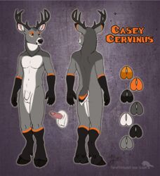 anthro ass balls black_fur cervid cervine deer genitals grey_fur horns linsey_huish male male_only model_sheet multicolored_fur orange_eyes penis sidian simple_background solo white_fur