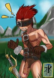 1boy 2022 aqua_regia_arts artist_name blank_(ff9) exclamation_mark final_fantasy final_fantasy_ix foreskin masculine nature penis red_hair short_hair skinny solo sword tan_skin uncircumcised watermark white_skin young