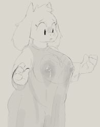 anthro big_breasts blush blush_lines bodily_fluids bovid breasts caprine clothed clothing female fur goat hair horn lactating lactating_through_clothing lactation mammal mature_female milk nipples open_mouth pimpwalker1 shaded_sketch solo tongue topwear toriel undertale undertale_(series) wet wet_clothing worried