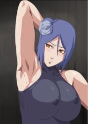 armpit armpit_fetish armpits blue_hair blush edit erect_nipples female konan large_breasts naruto naruto_shippuden nipples orange_eyes purple_haze solo sweat sweatdrop