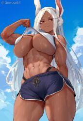 1girls abs ai_generated bra_lift breasts brown_skin dark-skinned_female dark_skin dolphin_shorts female gomzai hips huge_breasts long_hair low-angle_view miruko my_hero_academia navel rabbit_ears red_eyes rumi_usagiyama stable_diffusion sweat sweaty_body thick_thighs thighs underboob white_hair wide_hips