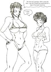 2girls abs big_breasts bikini bikini_bottom bikini_top black_and_white breast_envy breasts different_breast_sizes dragon_ball dragon_ball_z dragon_ball_z_golden_age english_text envious envy female huge_breasts jealous jealous_female jealousy looking_at_breasts miguel_(dragon_ball_z) milf mother_and_daughter multiple_girls nipple_bulge skimpy_bikini staring_at_breasts text thewritefiction two_piece_swimsuit videl