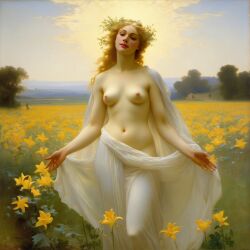 ai_generated belly blonde_hair blue_eyes breasts curly_hair curvy female field flower flower_field flowers_in_hair halo lips long_hair medium_breasts navel nipples nude presenting realistic smile solo sun william_bouguereau