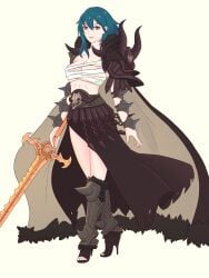 1girls absurdres alternate_costume aqua_hair armor bandaged_chest black_footwear black_skirt breasts brown_cape brown_eyes byleth_(female)_(fire_emblem) byleth_(fire_emblem) cape chest_sarashi closed_mouth collarbone cosplay eyelashes female female female_only fire_emblem fire_emblem:_three_houses full_body fur-trimmed_cape fur_trim graves high_heels highres holding holding_sword holding_weapon large_breasts long_hair long_skirt nemesis_(fire_emblem) nemesis_(fire_emblem)_(cosplay) nintendo sarashi shoulder_armor simple_background skirt smile solo spikes standing sword toeless_footwear toes torn_clothes torn_skirt truejekart two-sided_cape two-sided_fabric weapon white_background
