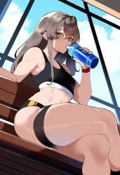 1girls ai_generated crossed_legs drinking drinking_water girls'_frontline gym gym_clothes gym_shorts gym_uniform looking_at_viewer novelai small_breasts sweat thiccwithaq_(ai_style) thick_thighs twitwit ump45_(girls'_frontline)