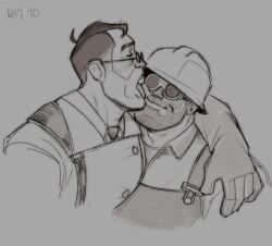 2boys :3 ;3 arm_around_neck boyfriends couple cute duo duo_focus engineer_(team_fortress_2) gay ifyunoyuno licking_cheek love male male_only medic_(team_fortress_2) old_man old_man_yaoi old_men older_male side_hug side_view silly team_fortress_2