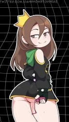 ass brown_eyes brown_hair crown cukizilla dah_showstopperz exposed_shoulders fingerless_gloves headgear long_hair perfectos_desconocidos shoulders smile smiling_at_viewer spiked_bracelet vibrator wide_hips youtube_hispanic