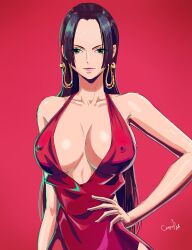 1girls bare_arms bare_shoulders big_breasts black_hair blue_eyes boa_hancock clothed clothing color coom_part female female_focus female_only hi_res large_breasts light-skinned_female light_skin long_hair looking_at_viewer nipples_visible_through_clothing one_piece shounen_jump solo solo_female tagme thick_thighs