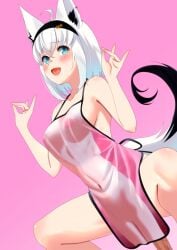 ahoge ambiguous_penetration animal_ear_fluff animal_ears apron aqua_eyes breasts covered_nipples covered_penetration cowgirl_position dildo earrings female fox_ears fox_girl fox_shadow_puppet fox_tail hair_between_eyes highres hololive hololive_gamers hololive_gen_1 hololive_japan implied_penetration implied_sex jewelry large_breasts looking_at_viewer masturbation naked_apron object_insertion pink_apron pink_background see-through sex_toy shirakami_fubuki short_hair sideboob solo spread_legs straddling sweatdrop tail uncensored vaginal_object_insertion vaginal_penetration virtual_youtuber white_hair zabudog777