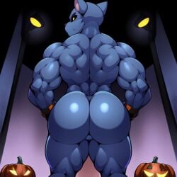 ai_generated animatronic animatronic_male anthro ass ass_focus balls butt domestic_cat fazbear_fanverse feline five_nights_at_candy's fnaf frosting.ai furry furry_ass furry_male furry_only gay halloween jack-o'-lantern male male/male male_only muscular muscular_male naked naked_male nude nude_male old_candy_(fnac) solo sugar1989