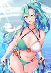 1girls alternate_costume alternate_hairstyle ass_visible_through_thighs bare_thighs bikini blue_hair bow braid breasts chloe_(fire_emblem) cleavage commentary creature english_commentary female fire_emblem fire_emblem_engage green_bikini green_eyes green_hair green_swimsuit hair_bow highres large_breasts long_hair navel nintendo open_mouth orange_bow ponytail pool revolverwingstudios smile sommie_(fire_emblem) stomach swimsuit thick_thighs thighs very_long_hair water wet wide_hips