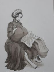 1futa 2022 balls bottomless breasts casual casual_exposure clothed clothing flaccid futa_only futanari greyscale human hyper_balls hyper_penis maid maid_headdress medieval monochrome mostly_clothed penis renasanse sewing short_hair sitting solo