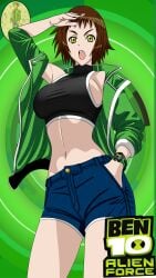 1girls ass_visible_through_thighs ben_10 ben_10_alien_force ben_tennyson black_lipstick cartoon_network denim_shorts female female_ben genderswap_(mtf) jacket large_breasts maudxie midriff navel omnitrix rule_63 rule_63 short_hair short_shorts sports_bra