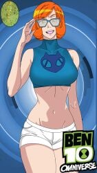 1girls aged_up ben_10 ben_10_omniverse blue_background cartoon_network female female_only green_eyes gwen_tennyson gwen_tennyson_(omniverse) large_ass large_breasts maudxie midriff nerd solo