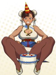 1girls birthday bun_cover cake chinese_clothes chun-li cleavage cleavage_cutout muscular_thighs sitrusimp sitting solo spread_legs street_fighter