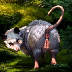 1:1 ai_generated anus bodily_fluids colored detailed detailed_background didelphid dripping_pussy female feral fur genital_fluids genitals grey_body grey_fur hi_res lungfish1223 mammal marsupial nature nature_background plant presenting puffy_anus pussy pussy_juice raised_tail solo virginia_opossum yellow_eyes