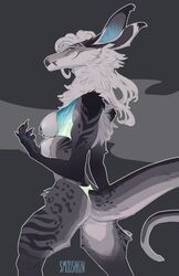 2020 alien anthro areola breasts digital_media_(artwork) female feral ferragon fur genitals grey_body grey_fur hair hi_res hybrid mane multi_breast nipples nude pussy smooshkin solo standing white_hair