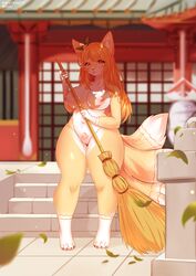 4_toes anthro big_breasts breasts broom canid canine curvy_figure detailed_background female fox genitals hair hi_res kemono long_hair mammal mcl mcl multi_tail nipples nude outside public public_nudity pussy solo standing thick_thighs toes voluptuous wide_hips