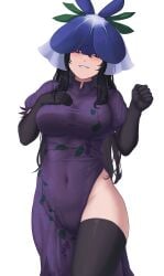 1girls 2d belly belly_button belly_button_visible_through_clothing big_breasts black_hair blush breasts clothed clothed_female dress female gloves hair_ornament hand_on_breast headdress hips long_hair looking_at_viewer open_mouth puffy_short_sleeves purple_eyes smile solo son_(artist) source standing thick_thighs thighhighs thighs touhou white_background wide_hips yomotsu_hisami