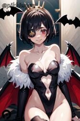 ai_generated bangs bare_shoulders bat_(animal) bat_wings black_clover black_hair black_leotard black_thighhighs blush breasts clothing_cutout collarbone crown eyepatch female fur_trim highleg highleg_leotard leotard looking_at_viewer medium_breasts navel navel_cutout parted_lips pikkiwynn red_eyes short_hair sitting smile solo stockings strapless thigh_gap thighhighs vanica_zogratis wings