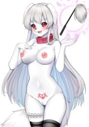 2020 5_fingers absurd_res anthro black_sclera blush breasts canid collar corin cute_fangs female fingers furry genitals hair hi_res long_hair mammal navel neko_lu nipples open_mouth pubic_tattoo pussy red_eyes simple_background smile solo white_background white_body