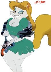 animaniacs blonde_hair breasts female fur furry gun hair hugotaker legs looking_at_viewer looking_back minerva minerva_mink smile