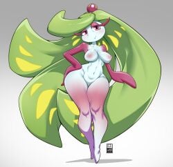 areola areolae bayeuxman big_breasts big_eyelashes breasts cameltoe child_bearing_hips crown eyelashes fingerless generation_7_pokemon green_hair hips long_hair multicolored_body multicolored_hair nintendo nipples no_humans pear_shaped plant plant_girl pointed_feet pok&eacute;mon_(species) pokemon pokemon_(species) pokemon_sm purple_body purple_eyes purple_skin standing thick_thighs tsareena very_long_hair voluptuous voluptuous_female white_body white_skin wide_hips