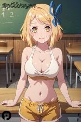 ai_generated blonde_hair blue_ribbon blush breasts chalkboard classroom cleavage collarbone desk female hair_ribbon indoors isekai_nonbiri_nouka large_breasts looking_at_viewer midriff navel pikkiwynn ribbon school_desk short_hair shorts smile solo sports_bra tia_(isekai_nonbiri_nouka) yellow_eyes yellow_shorts