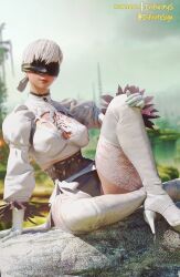 1girls 3d 3d_(artwork) big_breasts blindfold clothed clothing female female_only fully_clothed genderswap_(mtf) high_heel_boots high_heels infinitesign light-skinned_female light_skin male_head/female_body nier nier:_automata nier_(series) patreon_username rule_63 short_hair sitting solo stockings thick_thighs thigh_boots white_hair yorha_2p_(cosplay) yorha_9s