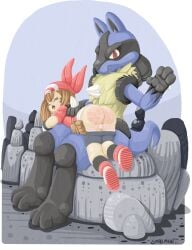 1boy 1boy1girl all_fours ass bandana brown_hair crying_with_eyes_closed female human interspecies lucario may_(pokemon) on_lap over_the_knee over_the_knee_spanking panties_down pants_down pokemon pokephilia red_ass sitting smallmew spank_marks spanked spanking tears