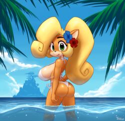 1girls activision anthro ass bandicoot beach big_breasts big_butt bikini blonde_hair breasts clothing coco_bandicoot crash_(series) female female_only flowers_in_hair green_eyes hair hi_res looking_at_viewer looking_back looking_back_at_viewer mammal marsupial orange_body partially_submerged pinup pose seaside side_boob solo swimwear tekkua video_games