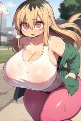 ai_generated big_breasts blush blushing daidouji_(artist) daidoujipv female gigantic_breasts hair_between_eyes long_hair looking_at_viewer motion_blur motion_lines ochiai_san panting pants pink_eyes sweat sweater sweating tagme tank_top thick_thighs tired two_tone_hair