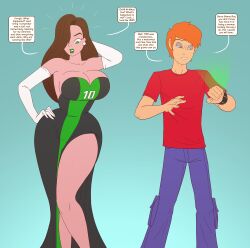 1boy 1girls ben_10 ben_tennyson ben_tennyson_(alien_force) big_breasts body_switch bodyswap brown_hair cleavage deep_cleavage dress female_ben gender_bender gender_transformation genderbent genderswap genderswap_(mtf) green_eyes green_lipstick hourglass_figure human jessica_rabbit jessicafication light-skinned_female light-skinned_male light_skin male_to_female omnitrix opera_gloves rule_63 saturnxart slit_dress thick_thighs toon transformation what who_framed_roger_rabbit wide_hips