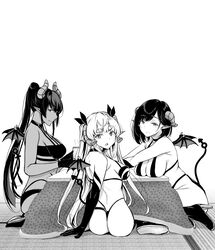 3girls ass cleavage curvy dat_ass gentsuki horns huge_breasts looking_at_viewer monochrome sitting skimpy_clothes succubus thick_thighs thong