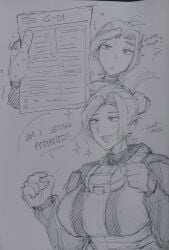 1boy 1boy1girl 1girls c-01_permit clueless dialogue eagle-1_(helldivers) english_text female female_focus female_soldier funny helldivers helldivers_2 humor imminent_sex meme military military_uniform monochrome obnoxiousclevie sketch sketch_page soldier