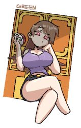 1girls bangs big_breasts brown_hair crossed_legs ear_cuff ear_piercing english english_text female green_(pokemon) jean_shorts jeans_shorts leebongchun pokeball pokemon purple_topwear red_eyes shorts sitting solo spiky_hair