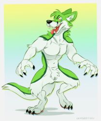 absurd_res anthro black_body black_claws black_fur black_nose canid canine claws clenched_teeth clothing digital_media_(artwork) digitigrade emufur fangs fidget_the_fox fox fur green_body green_fur hair hi_res inner_ear_fluff lgbt_pride_colors male male_only mammal multicolored_eyes open_mouth pawpads paws pink_pawpads pride_colors rainbow rainbow_eyes red_tongue simple_background smile solo teeth toes tongue tuft were werecanid werecanine werefox white_body white_fur wilde95