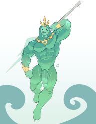 1boy abs anthro arm_up balls bara big_penis blue_body closed_eyes crown epic_games flaccid flaccid_penis fortnite front_view genitals glans glistening glistening_body goo_creature goo_humanoid hi_res holding_object humanoid humanoid_genitalia humanoid_penis male male_focus male_only mostly_nude muscular muscular_anthro muscular_male omlet_bavuz pecs pectorals penis polearm poseidon_(fortnite) rippley rippley_(fortnite) simple_background smile solo solo_male trident vein veiny_penis weapon