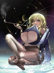 absurdres blonde_hair breasts female full_body highres kiseru large_breasts long_hair looking_at_viewer lqawsed1425 moon moon_(ornament) navel original pantyhose pipe sitting smile smoking solo underwear wet wet_clothes