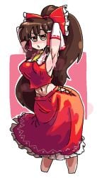 1girls armpits arms_up bow brown_eyes brown_hair brunette_hair crop_top female hair_tubes hair_wraps leebongchun long_skirt navel ponytail reimu_hakurei ribbon sideboob sleeves solo swaying swaying_hips sweat sweatdrop sweating sweaty swinging_hips touhou very_long_hair yellow_tie